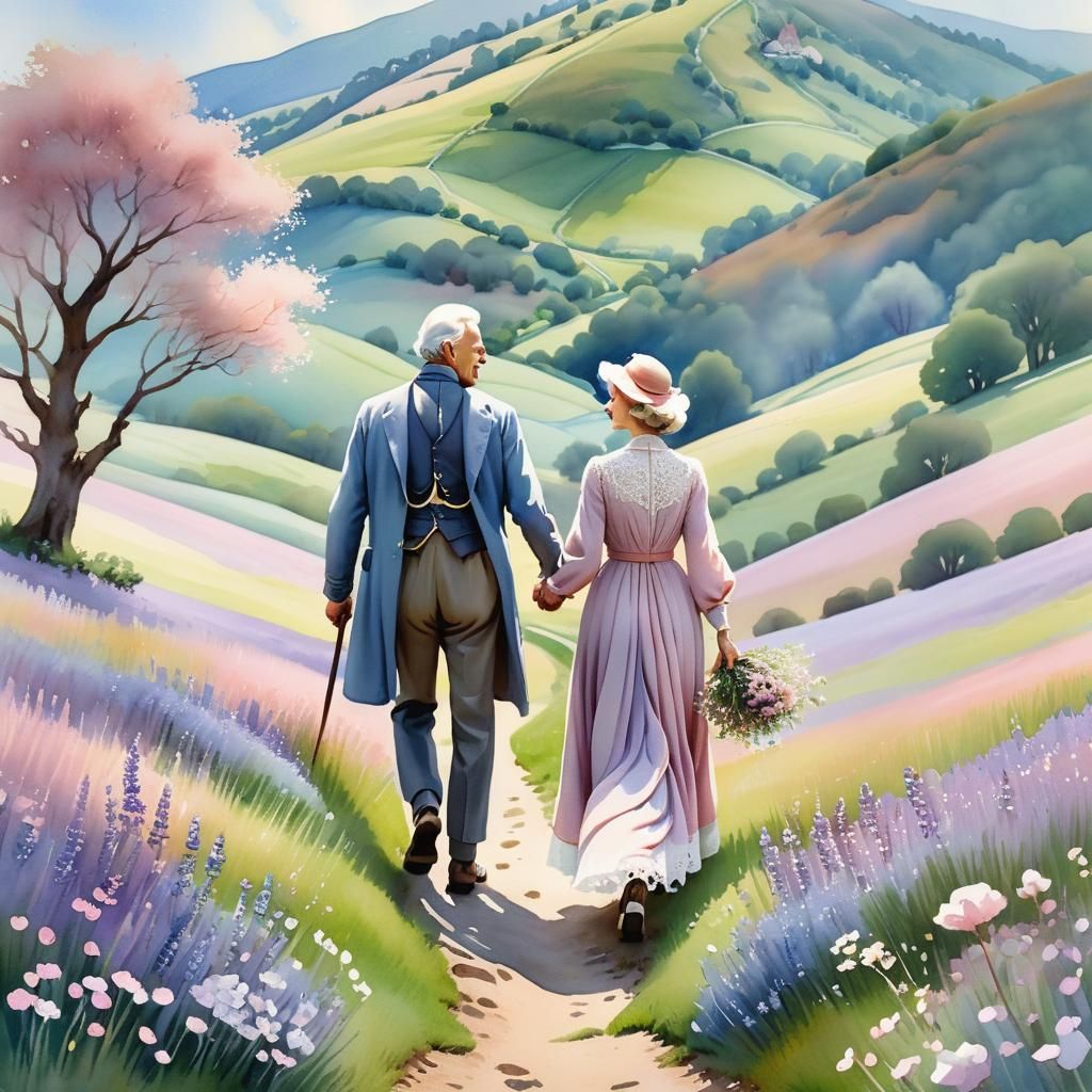 Elderly Couple in English Countryside: Watercolor Art