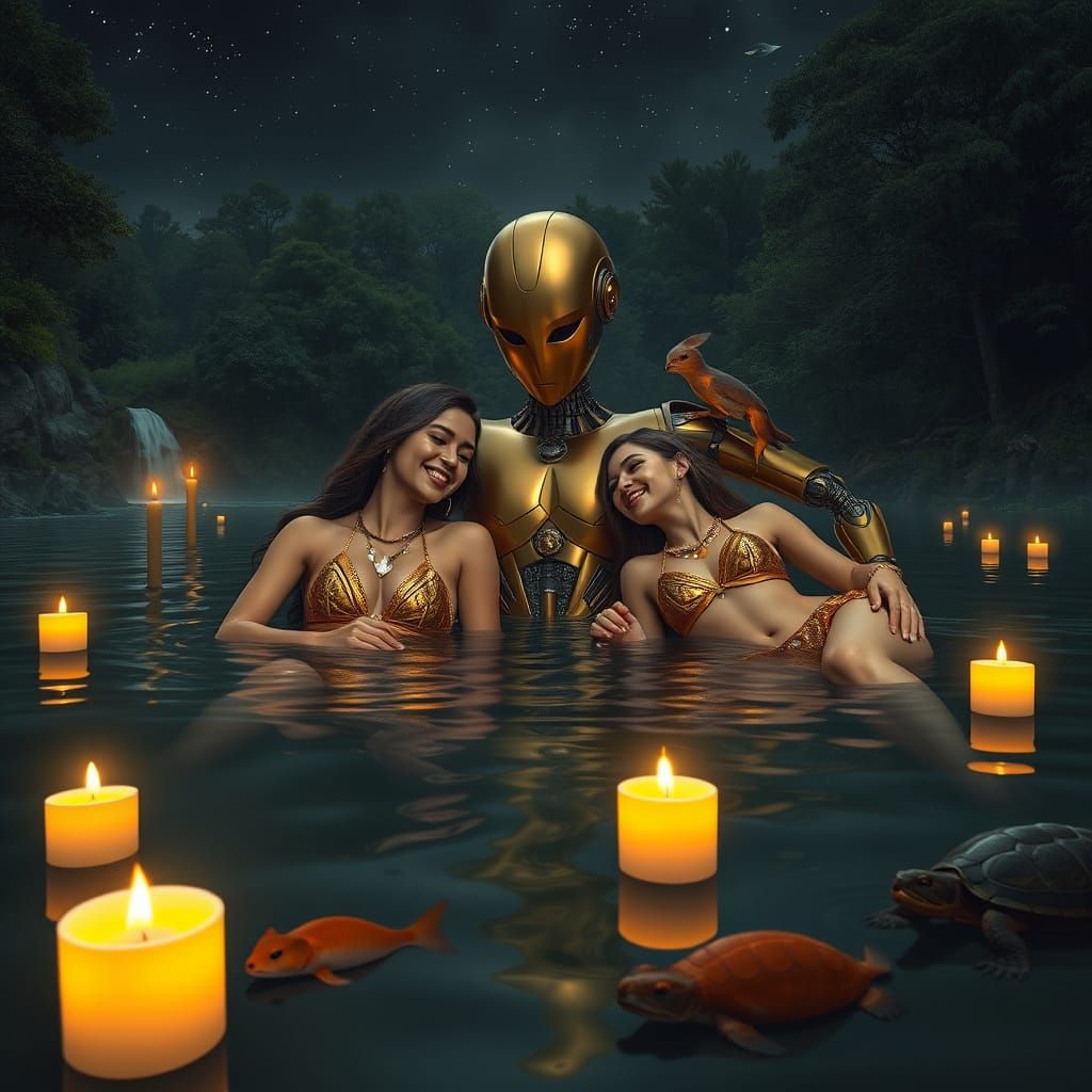 Golden Goddesses and Robot in Hyperrealistic Jungle Scene