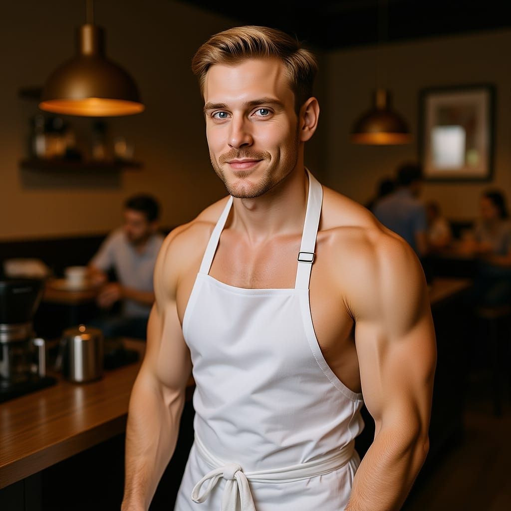 Muscular Barista in Modern Coffee Shop
