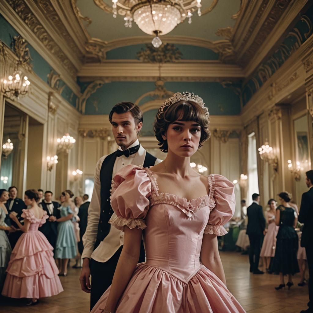 Muscular Boy Crossdressing in Ballroom, Cinematic Still