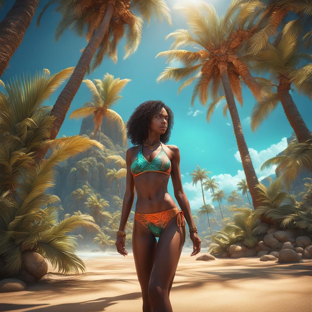 Bikini Model Under Palm Tree: Fantasy Concept Art