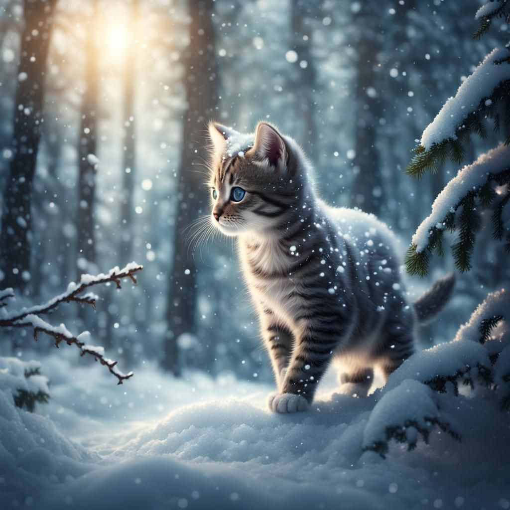 Kitten's Snowy Frolic: A Mystical Forest Scene