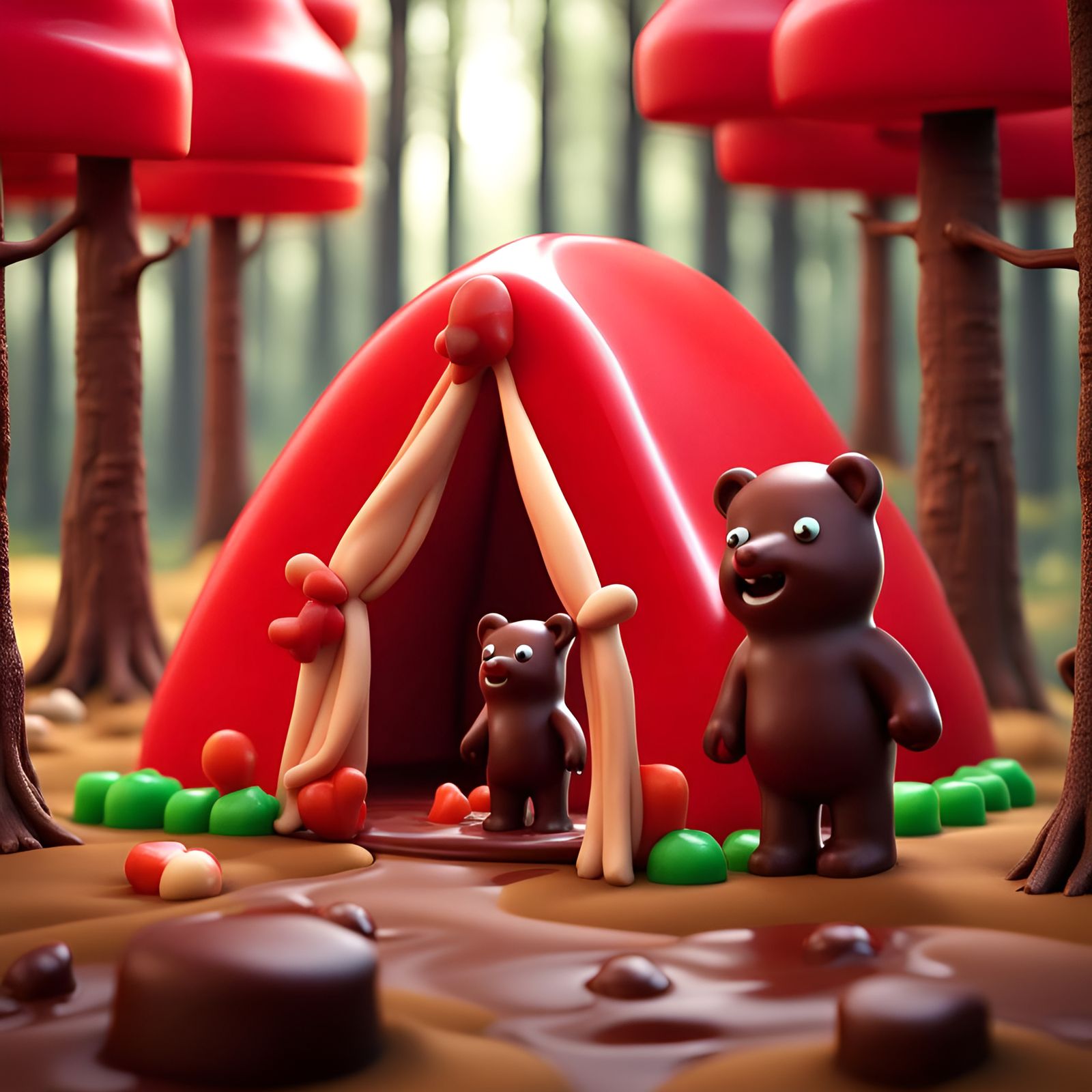 Chocolate Jello Tent with Gummy Bears in 3D