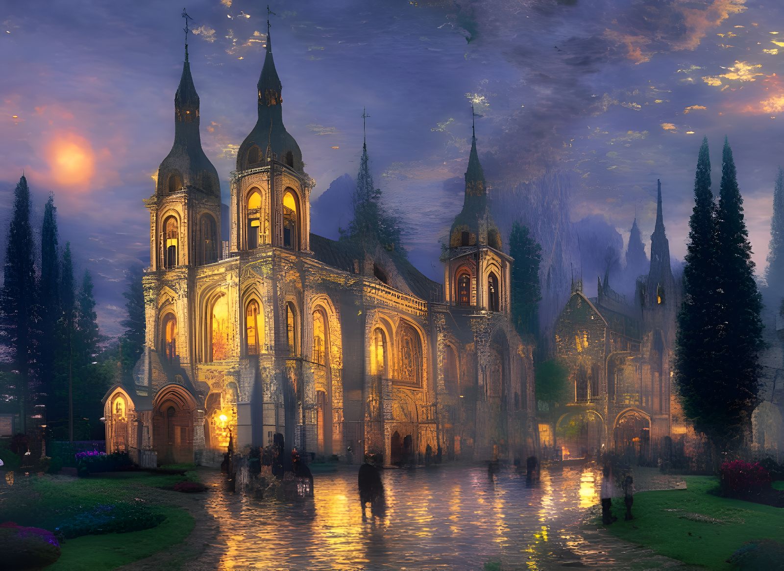 Baroque Cathedral illuminating the countryside at night. Thomas Kinkade oil painting by James Gurney and Thomas Kinkade ...