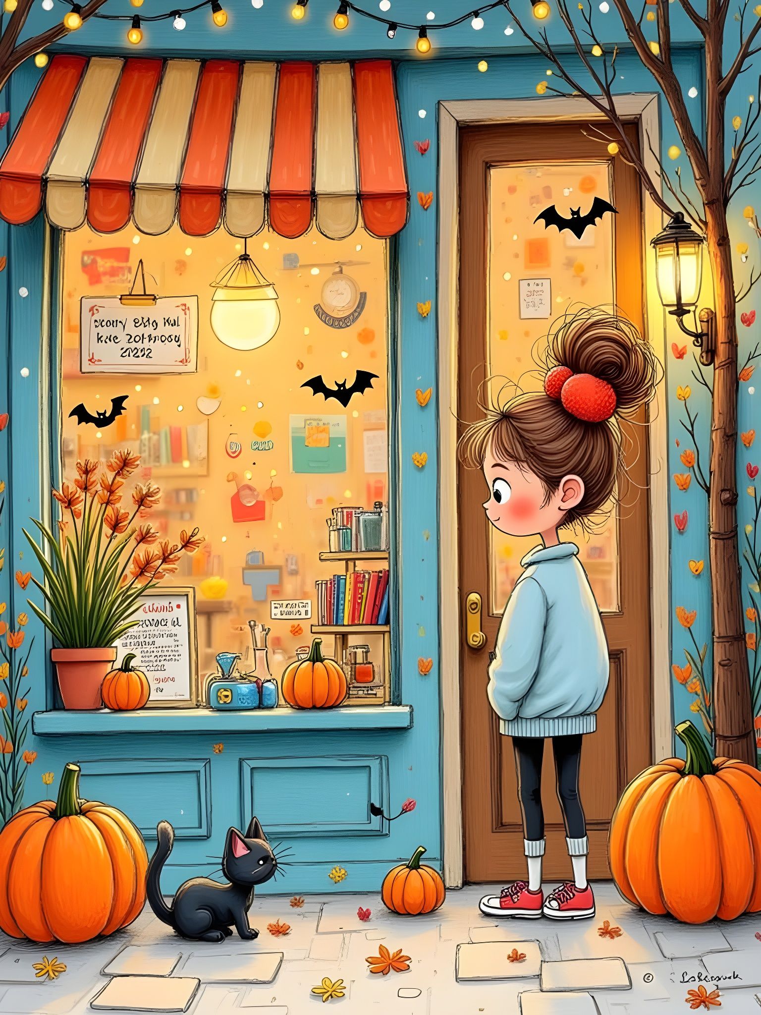 Cute Doodle Lineart: Girl and Cats at Halloween Hair Salon