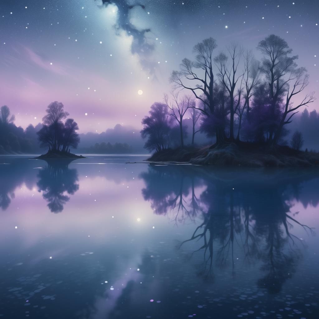 Serene Lake at Night: Dreamy Surrealist Digital Painting