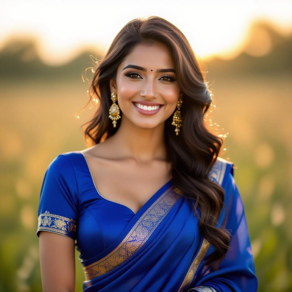 Photorealistic Portrait of Indian Woman in Blue Saree at Gol...