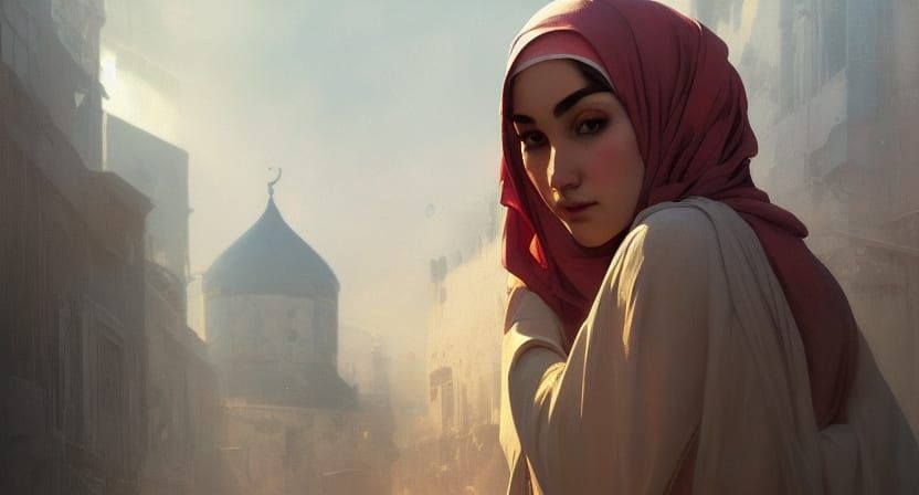 Sad Hijabi Portrait with Damascus Background