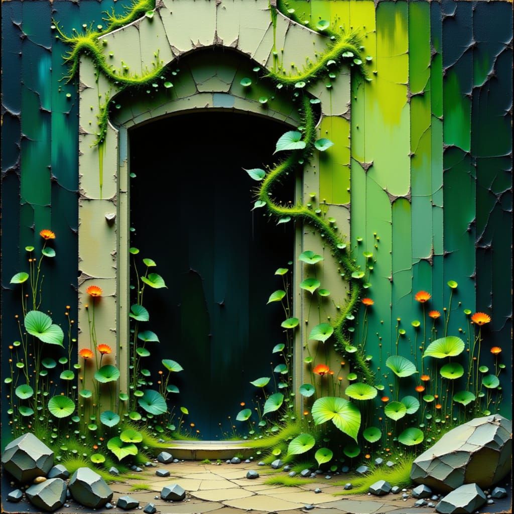 Green Vine Embraces Stone Statue: Gothic Oil Painting