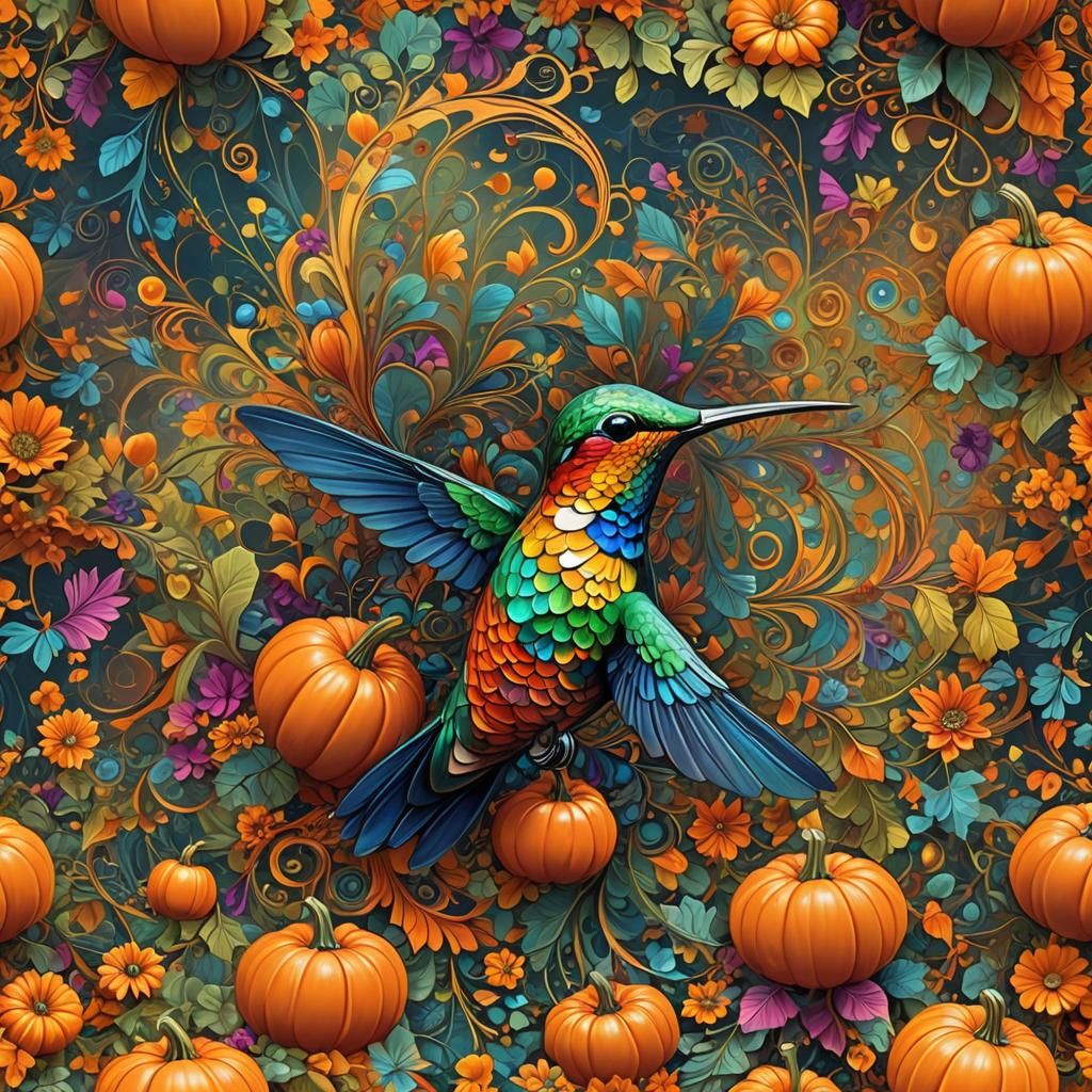 Hummingbird on Pumpkin in Abstract Expressionism Style