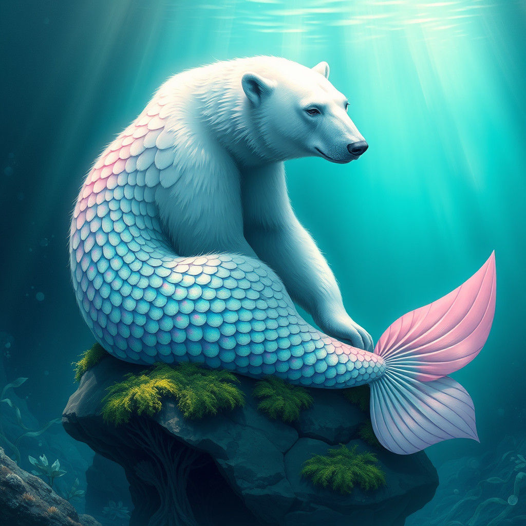 Polar Bear Mermaid in Dreamy Aquatic Scene