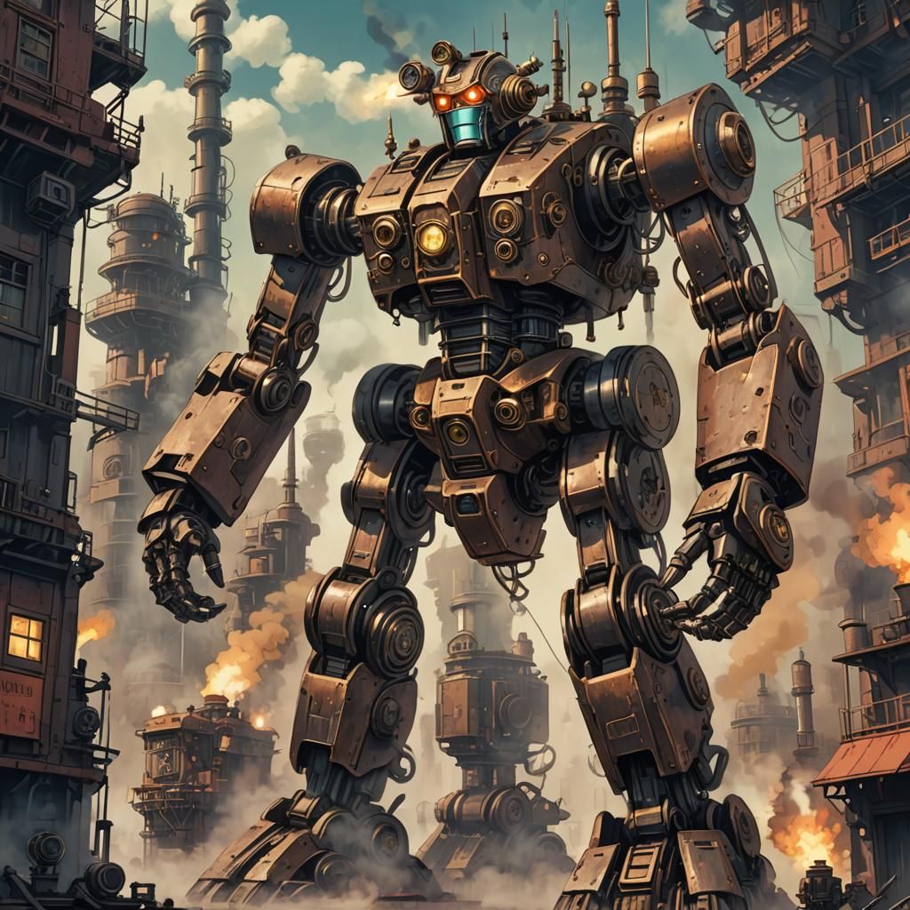 Steampunk Robot Anime Art with Chimneys