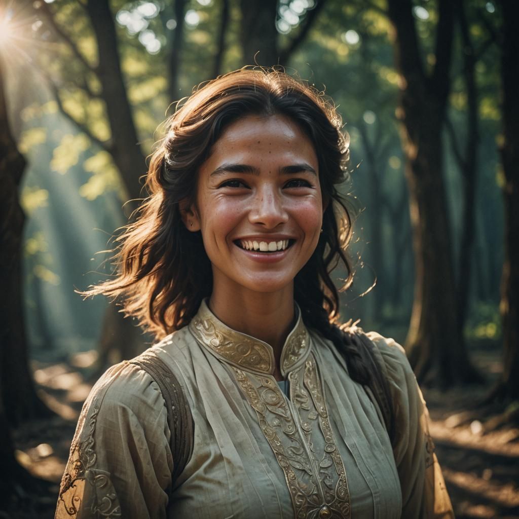 Luminous Woman Smiling: Cinematic Film Still