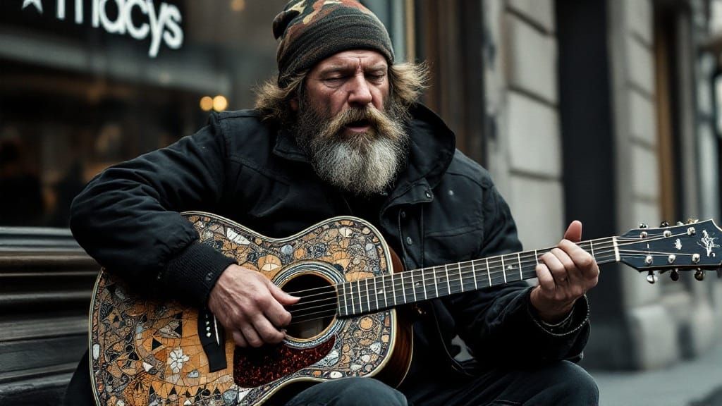 Street Musician's Emotive Portrait in Muted Urban Landscape