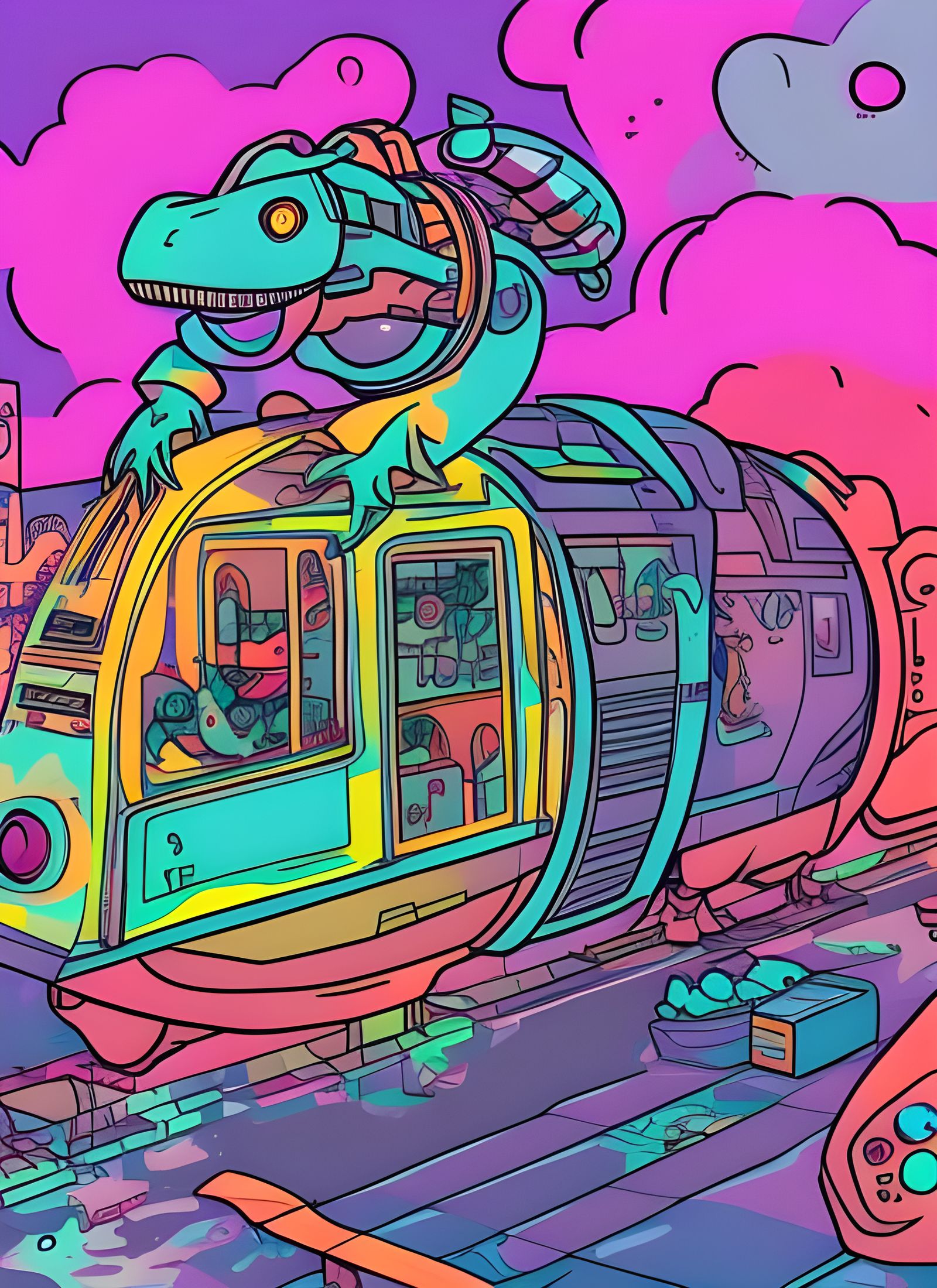 Cyberpunk Dinosaur on Steampunk Train