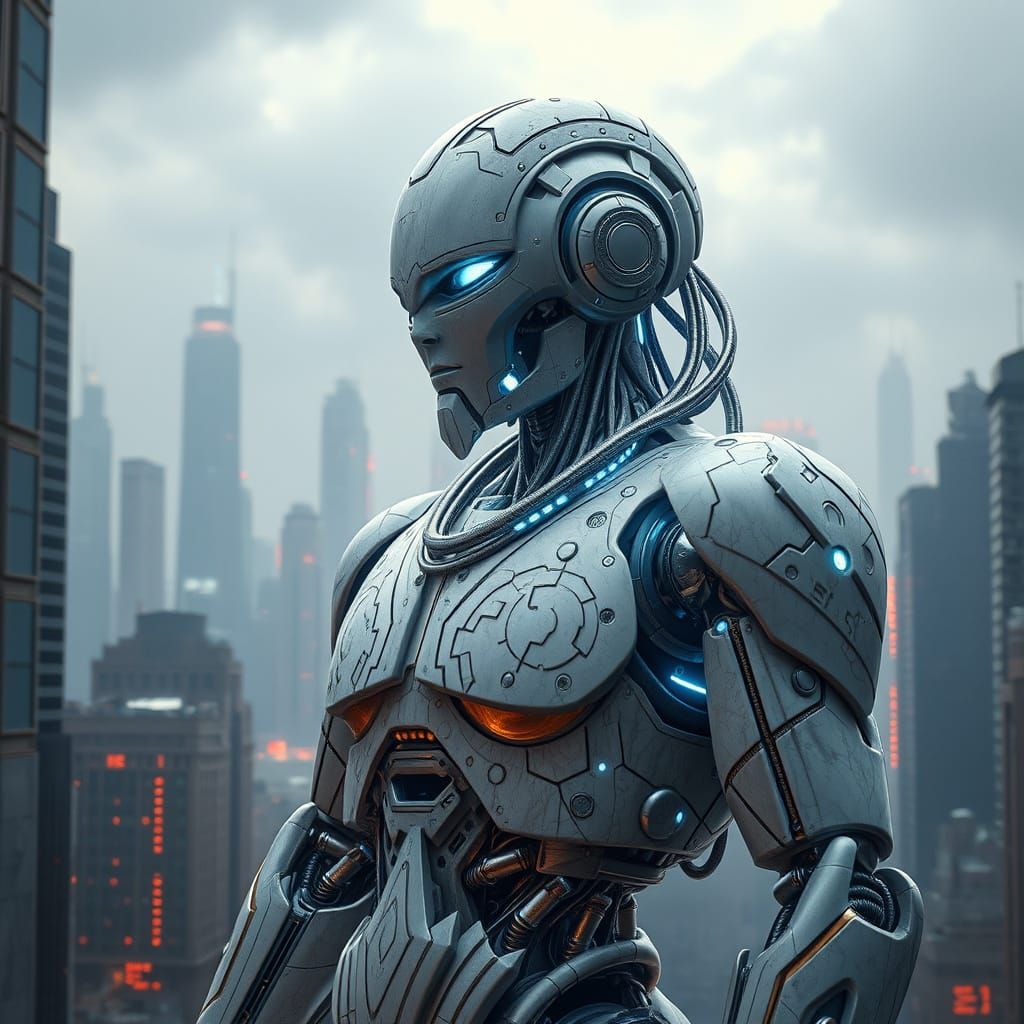 Cyberpunk Robot Statue in Futuristic Metropolis