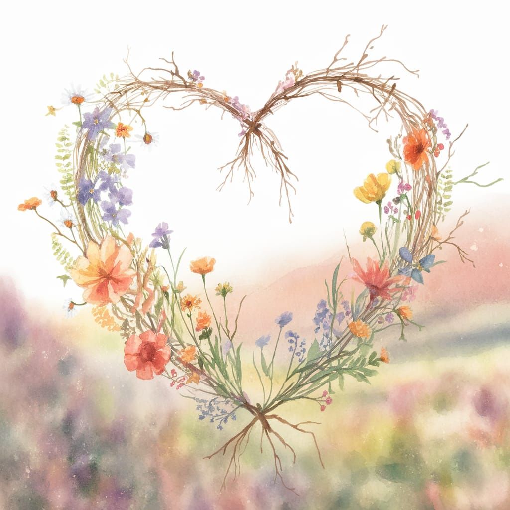 Watercolor Floral Wreath Heart with Wildflowers