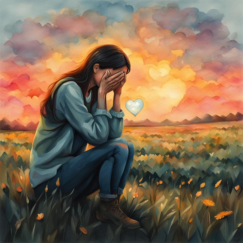 Sad Girl Crying in Sunset Field: Oil Painting