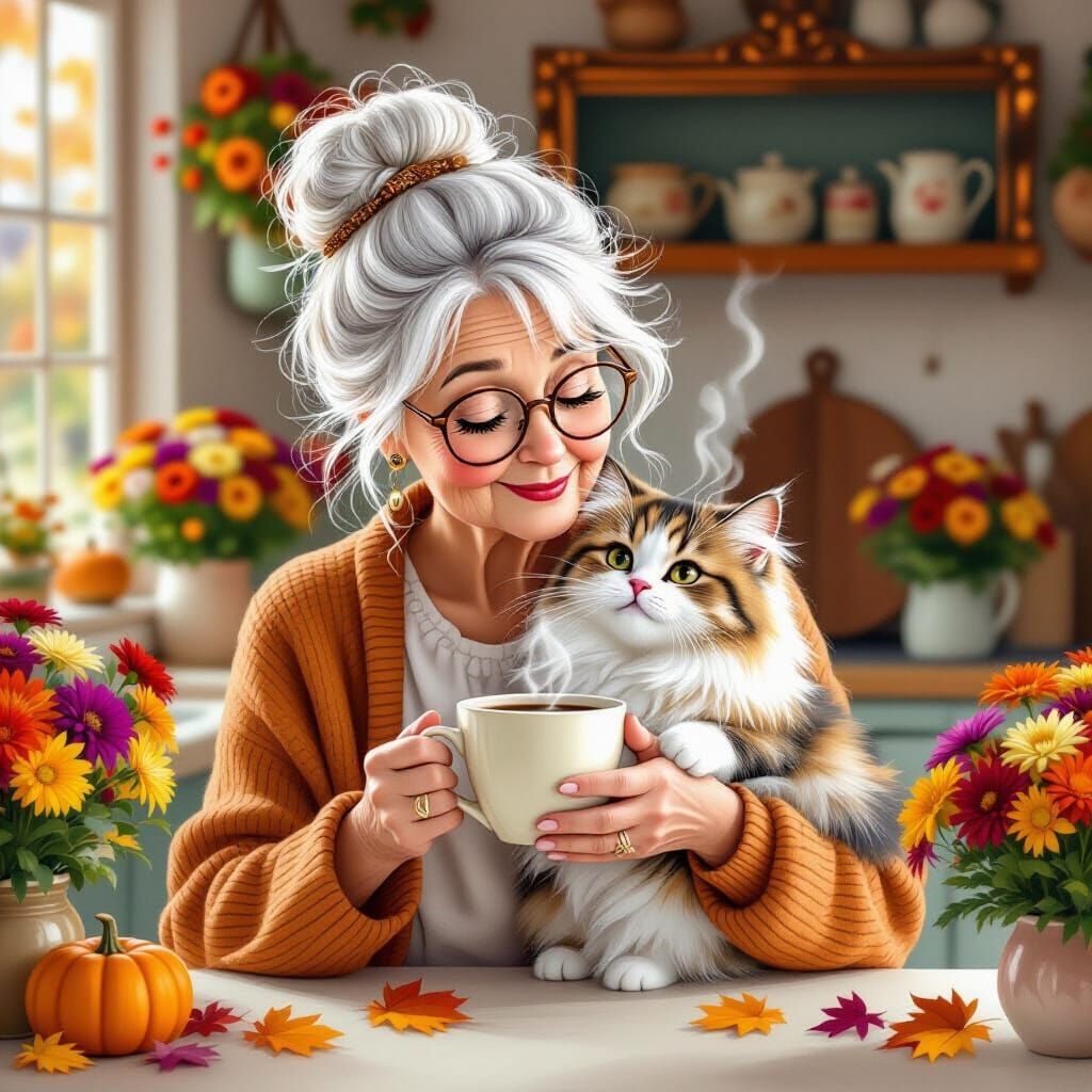 Whimsical Old Lady with Cat in Cozy Fall Kitchen