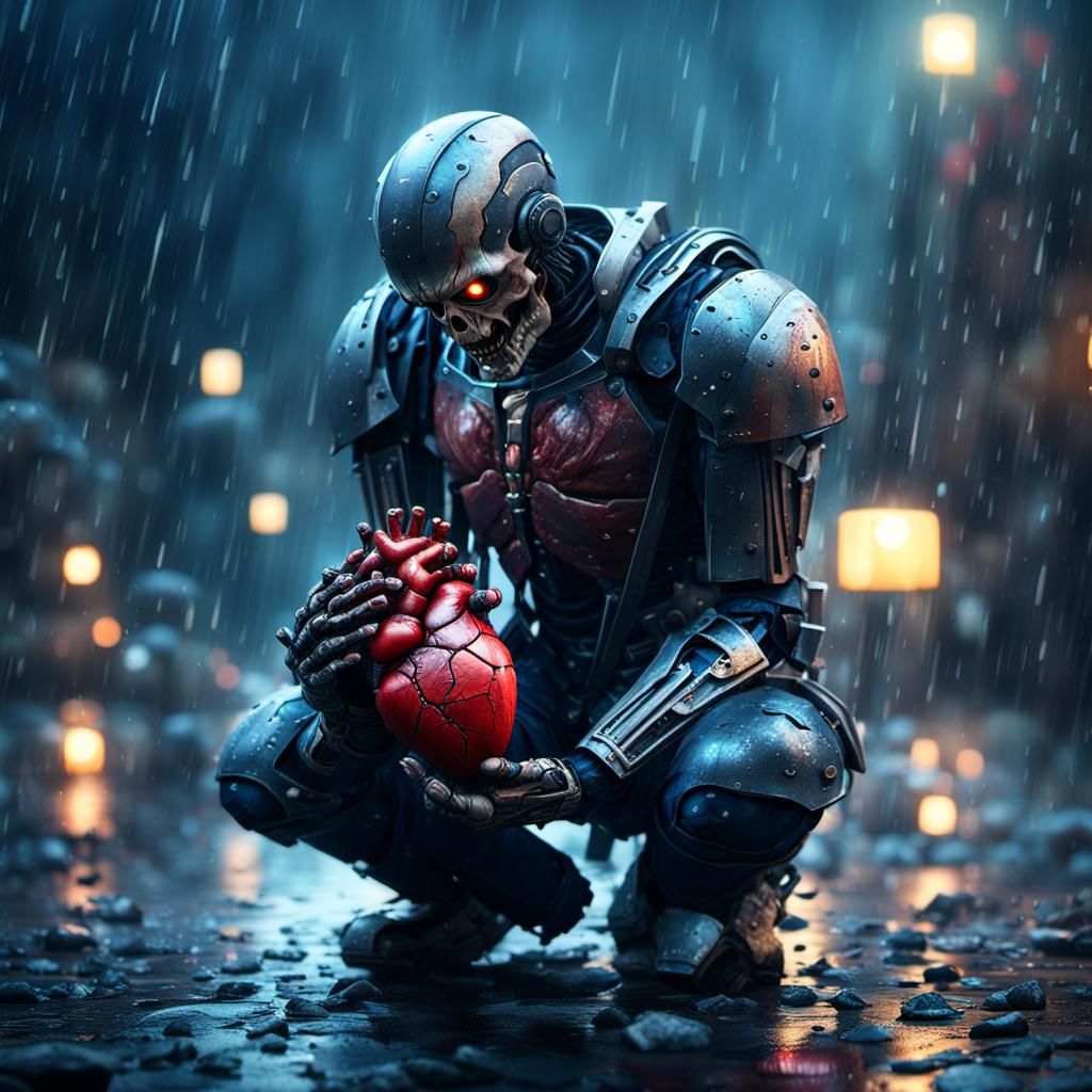 Android in Rain Holding Heart: Detailed Matte Painting