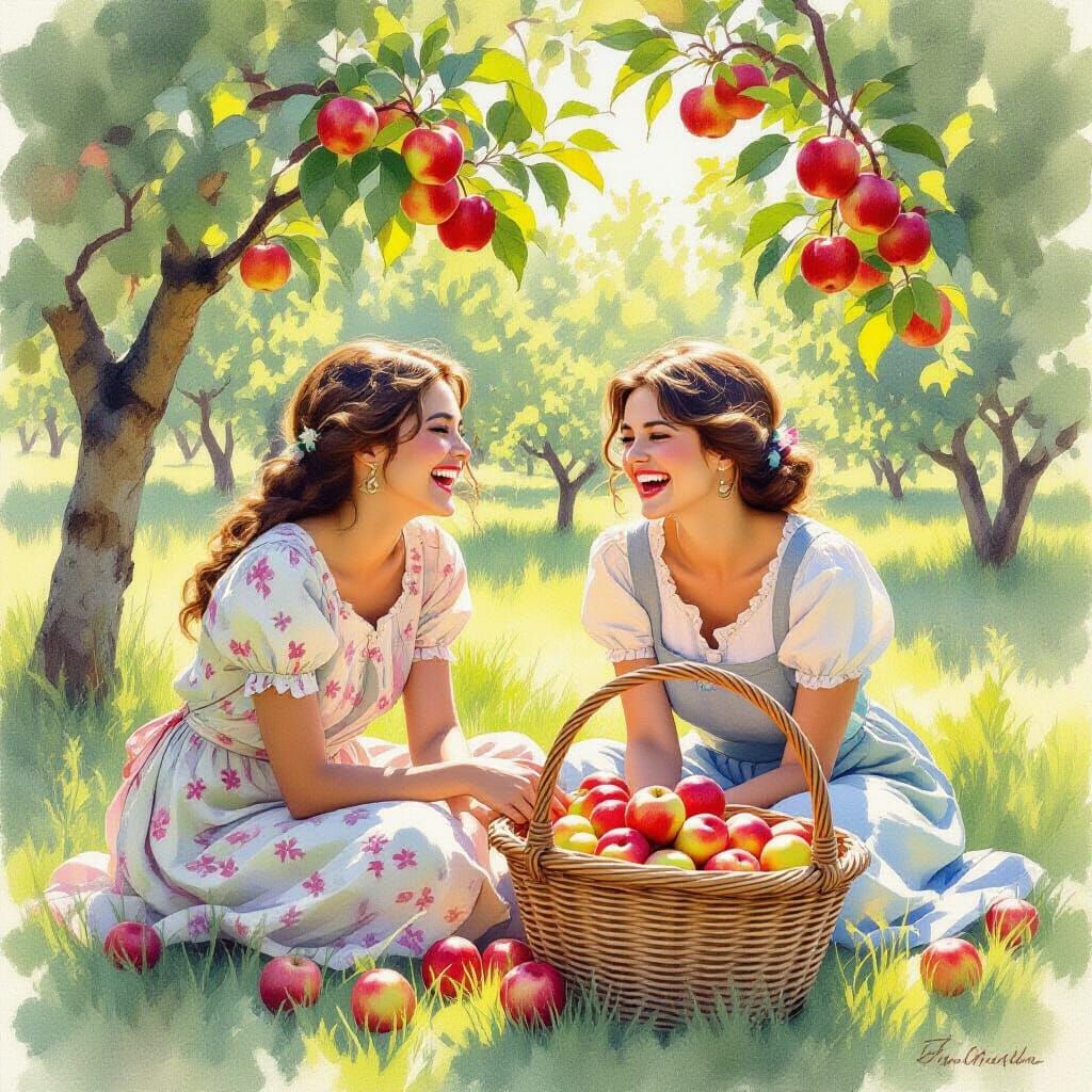 Joyful Orchard Scene: Friends Laughing Amidst Apples and Sun...