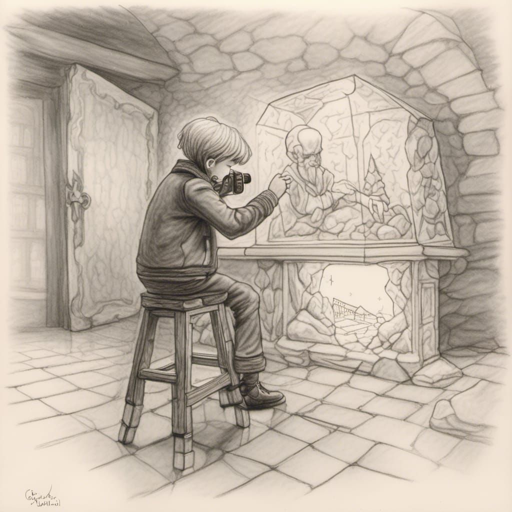 A boy from a distant land taking photographs of his grandfather,<lora:Dance of the Lines:0.6>,Pencil Sketch,Synthwave,An...