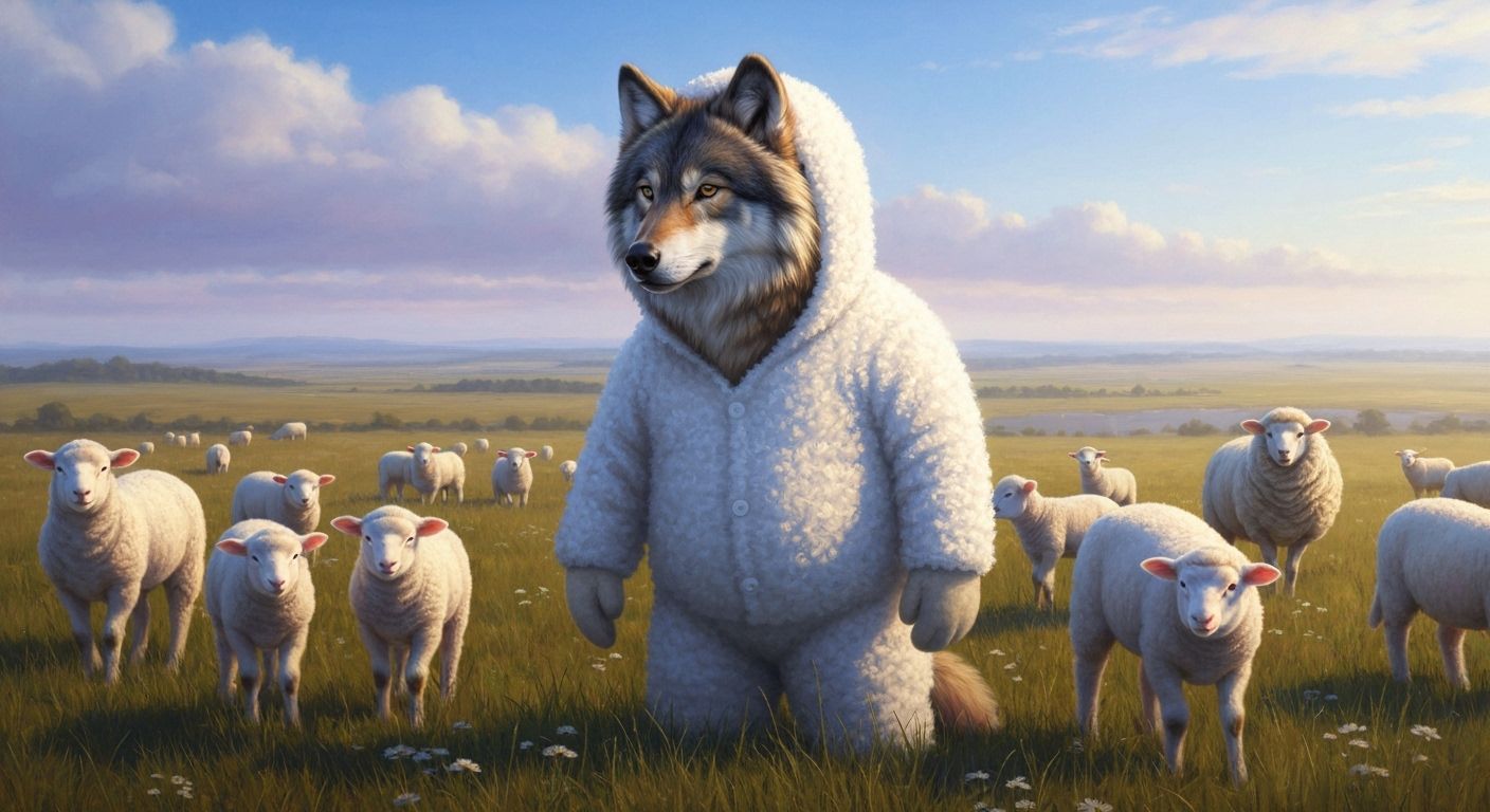 Wolf in Lamb Costume in Field Oil Painting
