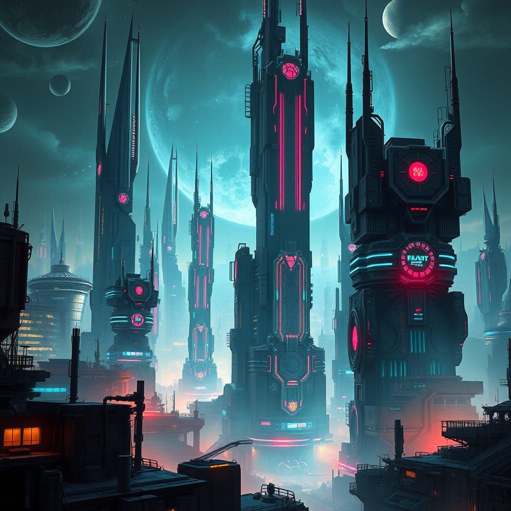 Dystopian Futuristic Cityscape in Neon-Lit Darkness