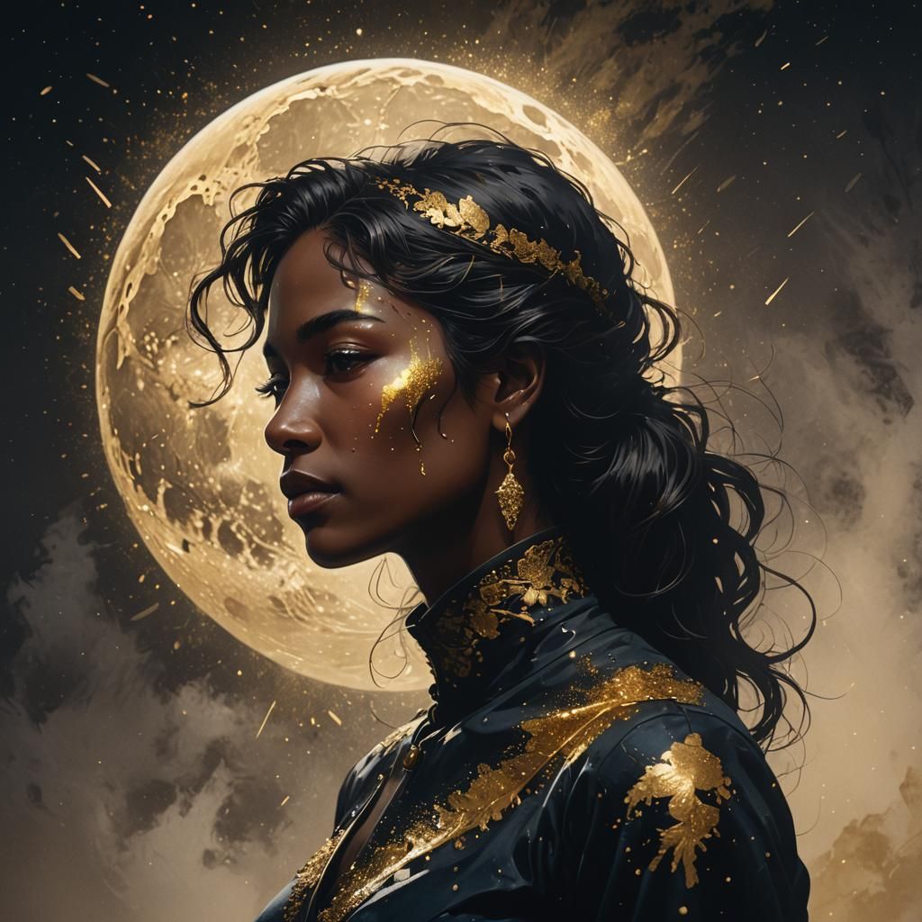 Moonlit Silhouette with Gold Dust: Hyperrealistic Digital Ar...