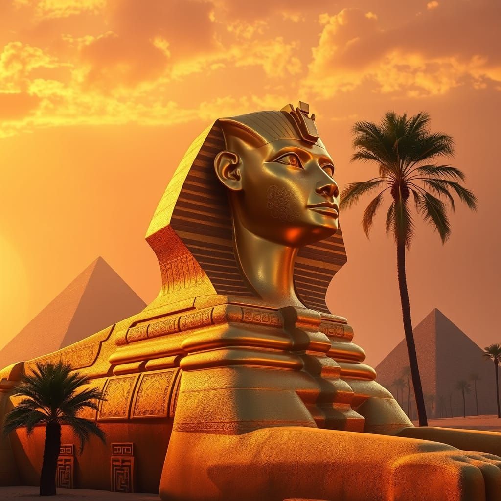 Majestic Golden Sphinx in Photorealistic Egyptian Landscape