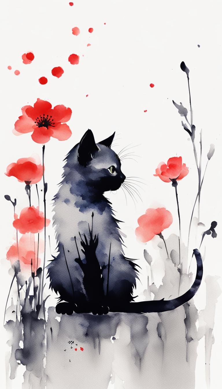 Minimalist Chinese Ink Painting: Kitten in Flower Garden