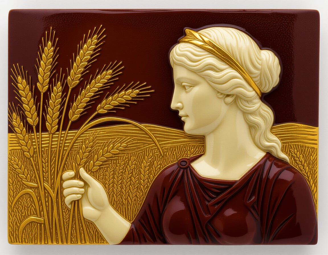 Demeter and Harvest Ceramic Relief in Autumn Hues