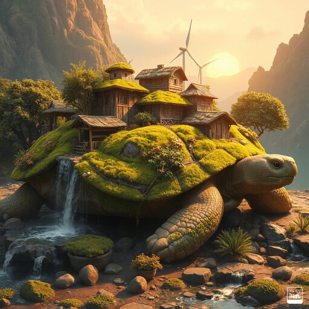 Vibrant Solarpunk Oasis on a Slumbering Tortoise