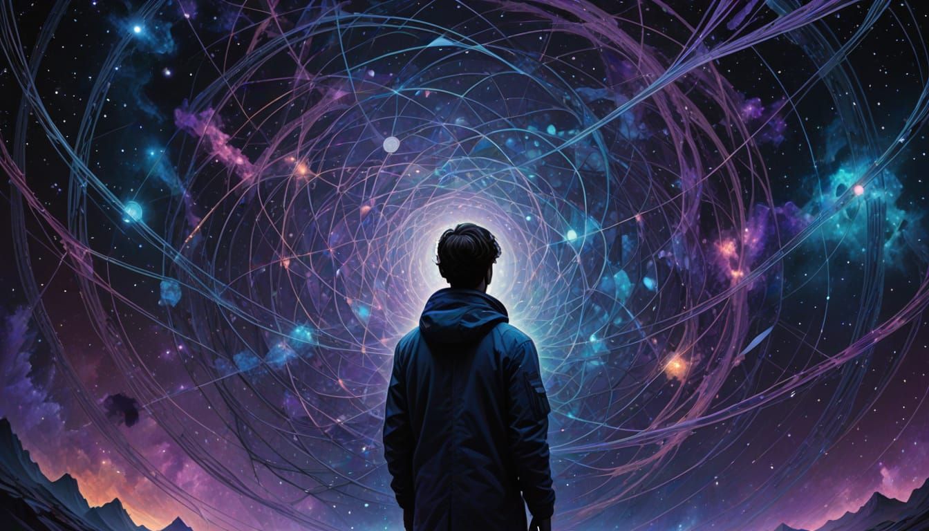 Cosmic Figure Contemplates Higher Dimensions in Abstract Art