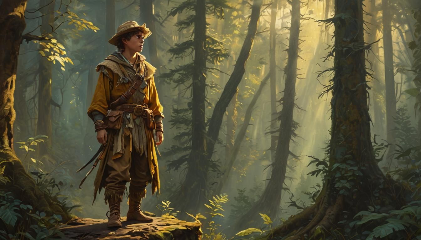 Young Adventurer at Misty Forest Edge: Oil Painting