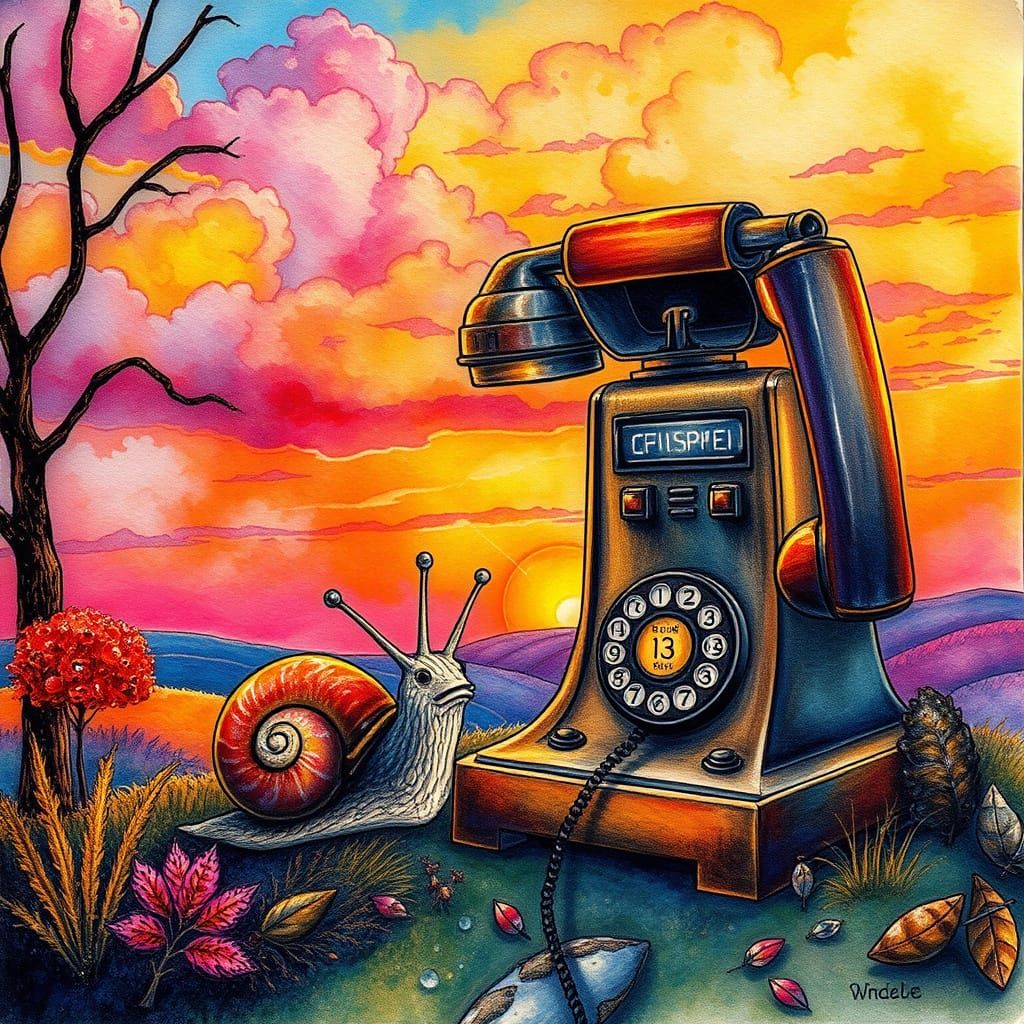 Curious Snail Finds Telephone in Colorful Landscape