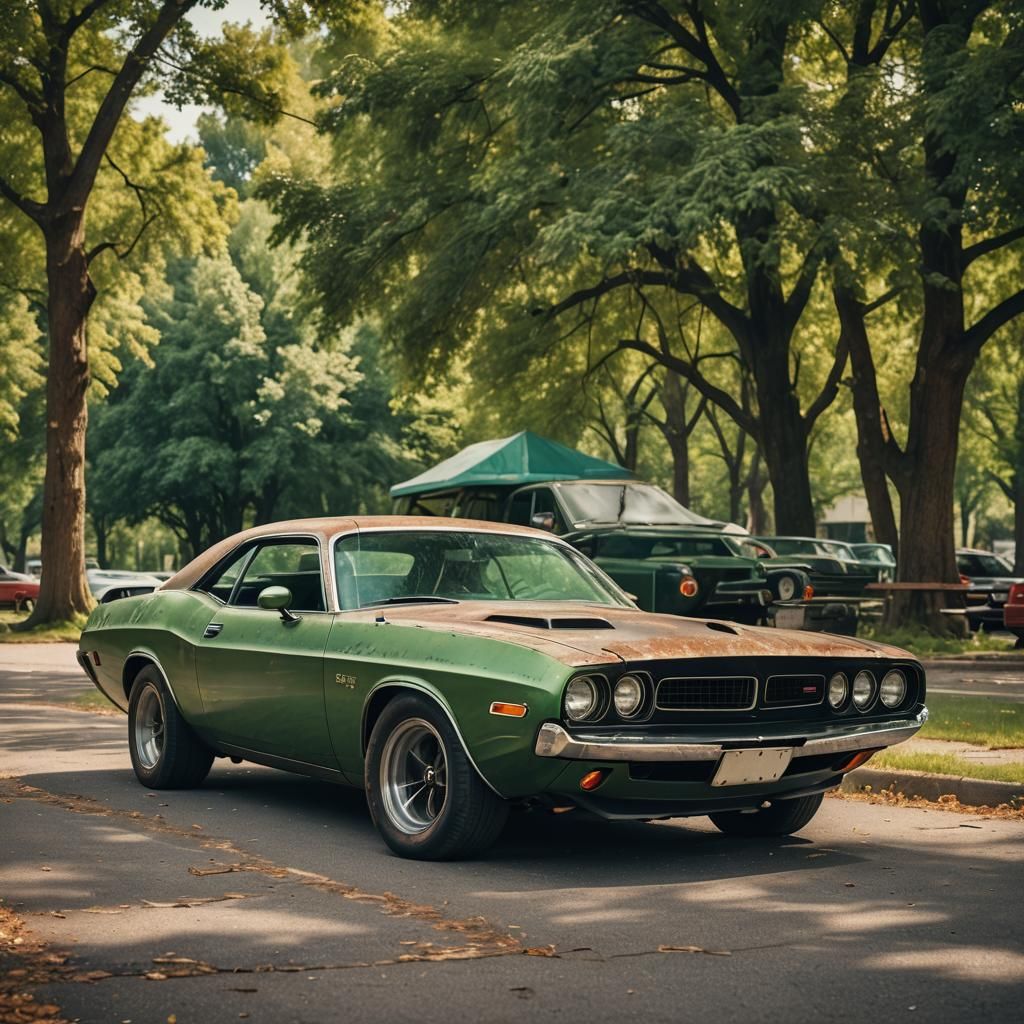 Rusty Green Dodge Challenger in Cinematic 8k Photo