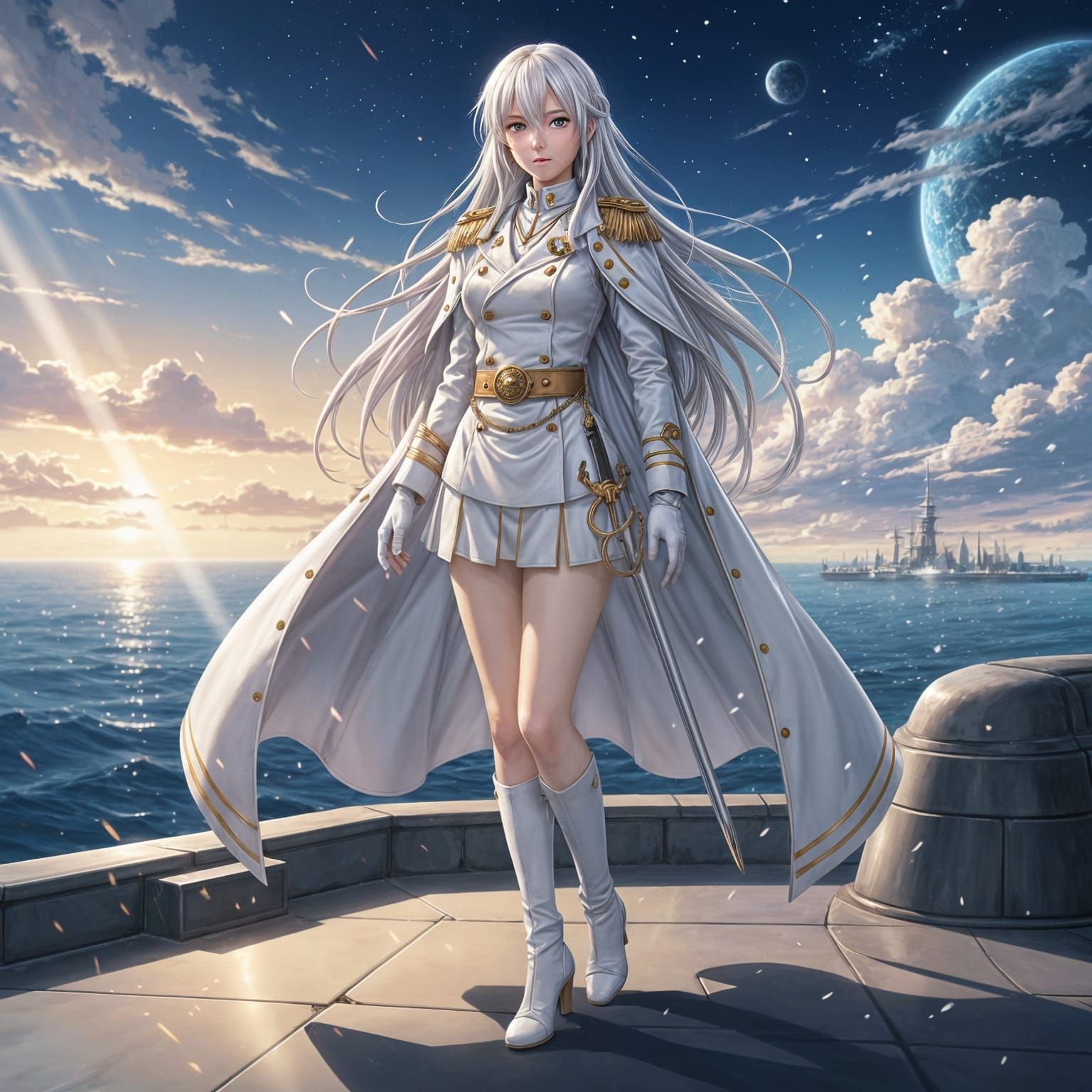 Anime Female Admiral with White Hair and Red Eyes