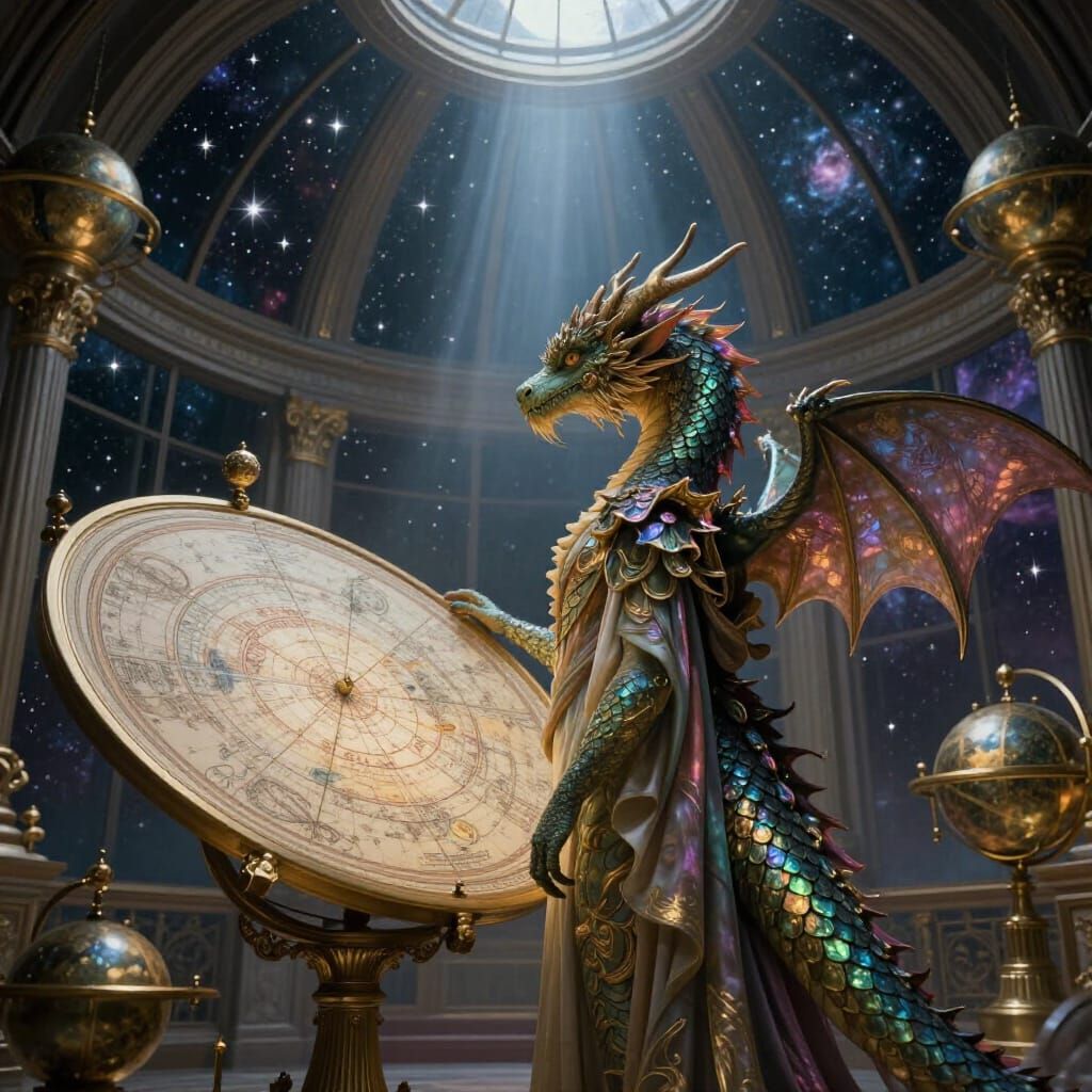 Dragon Scholar in Art Nouveau Observatory Contemplating Star...