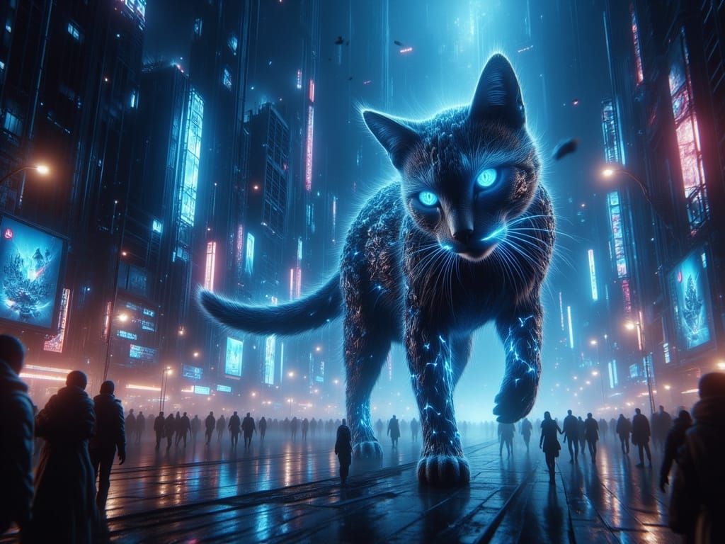 Cybernetic Cat Strides Through Neon Sci-Fi Cityscape