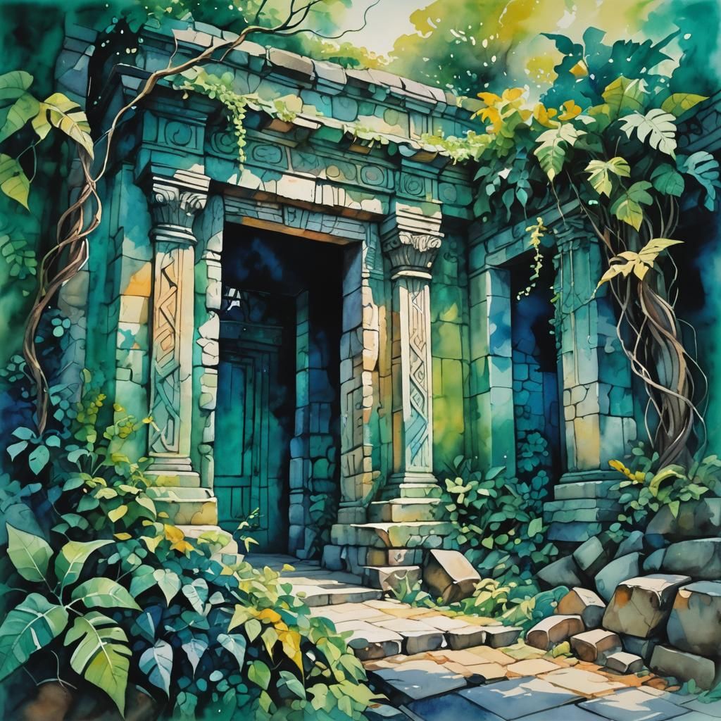 Mayan Temple in Watercolor Abstract Expressionism
