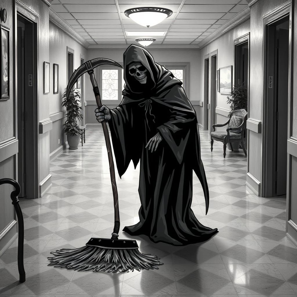 Grim Reaper Sweeping Floors in Retirement Home