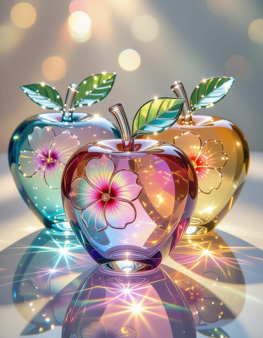Glass Apples and Hibiscus Flowers in Art Nouveau Style