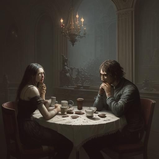 Friends Enjoying Coffee in Horror Engraving Style