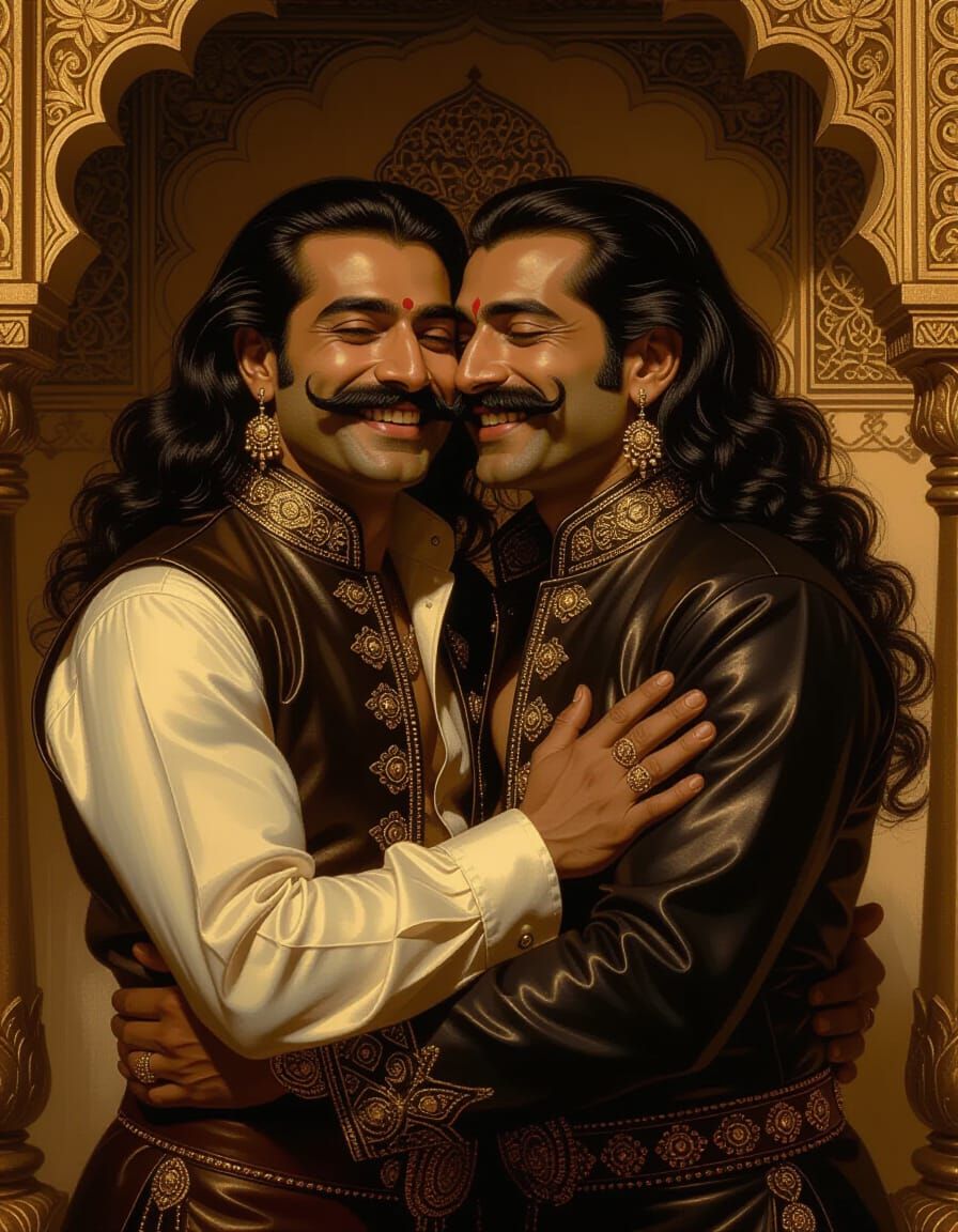 Romantic Mughal Interior Scene with Embracing Indian Men