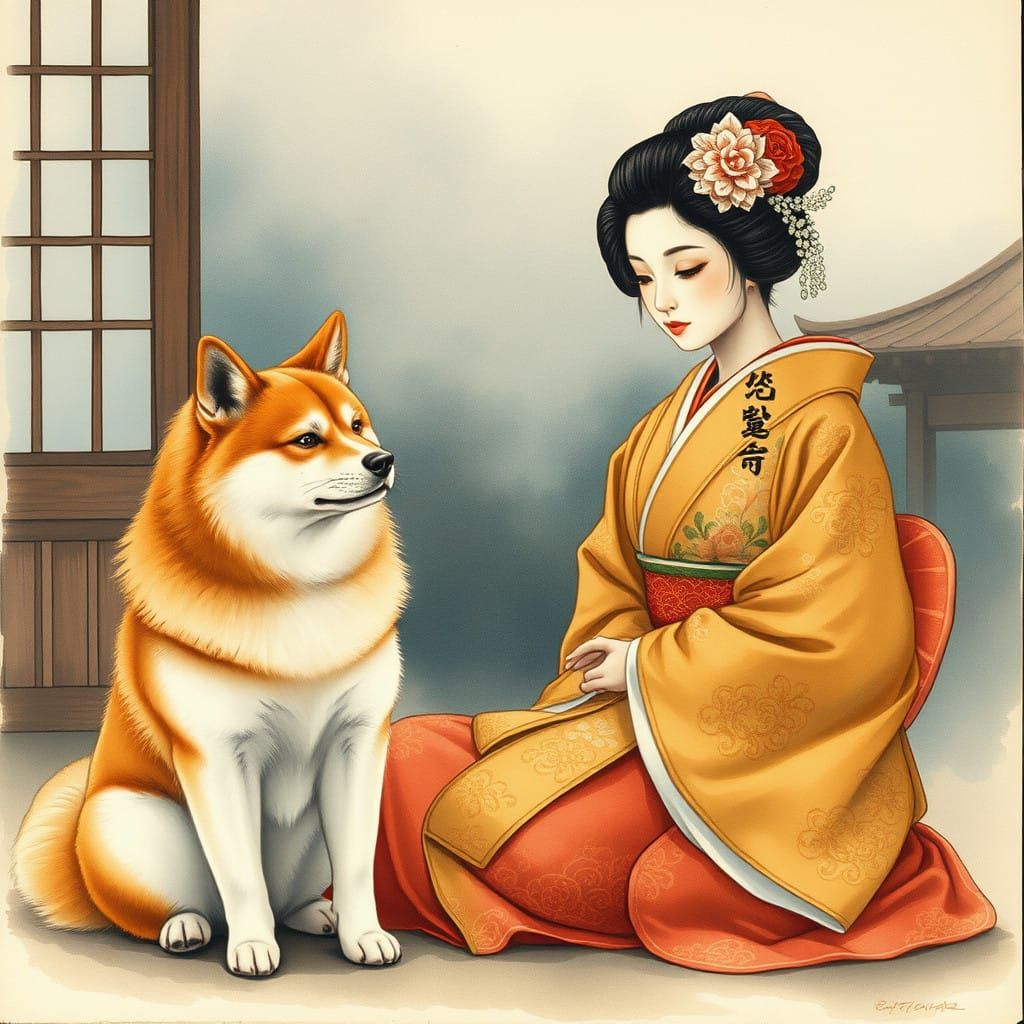 Serene Akita and Geisha in Traditional Japanese Harmony