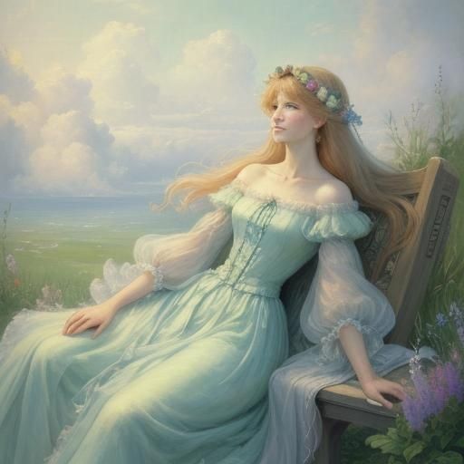 Ethereal Woman Reclining on Cloud in Pastel Hues