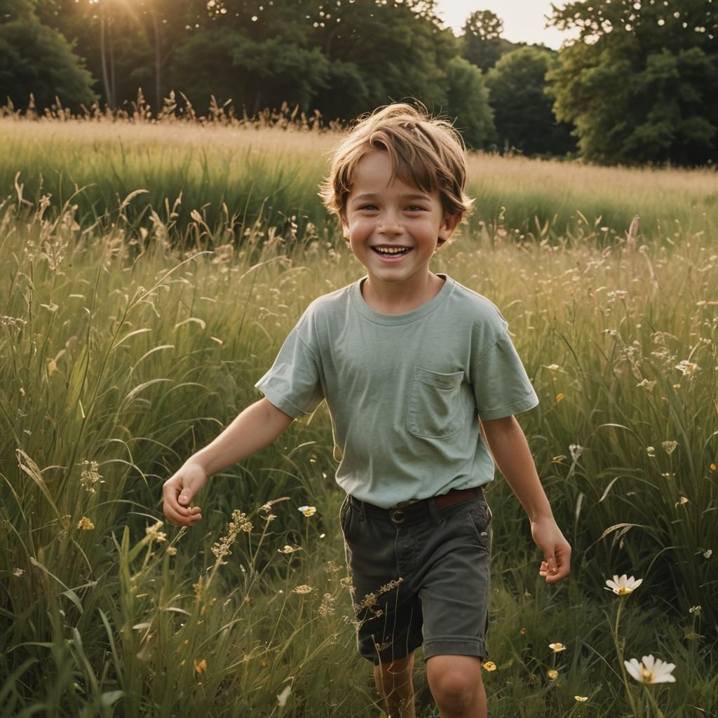 Happy Boy Playing in Summer Meadow, Cinematic Film Still