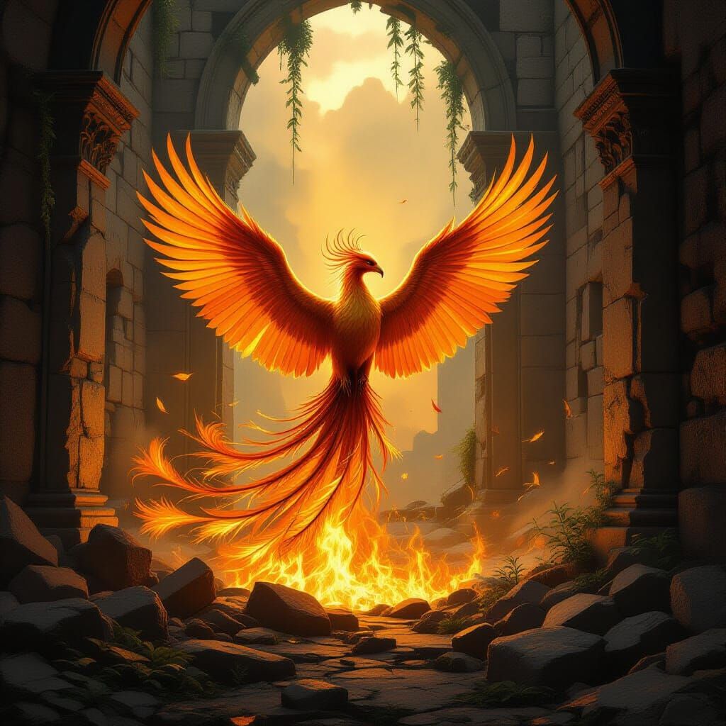 Majestic Phoenix Rises in Ethereal Temple Ruin