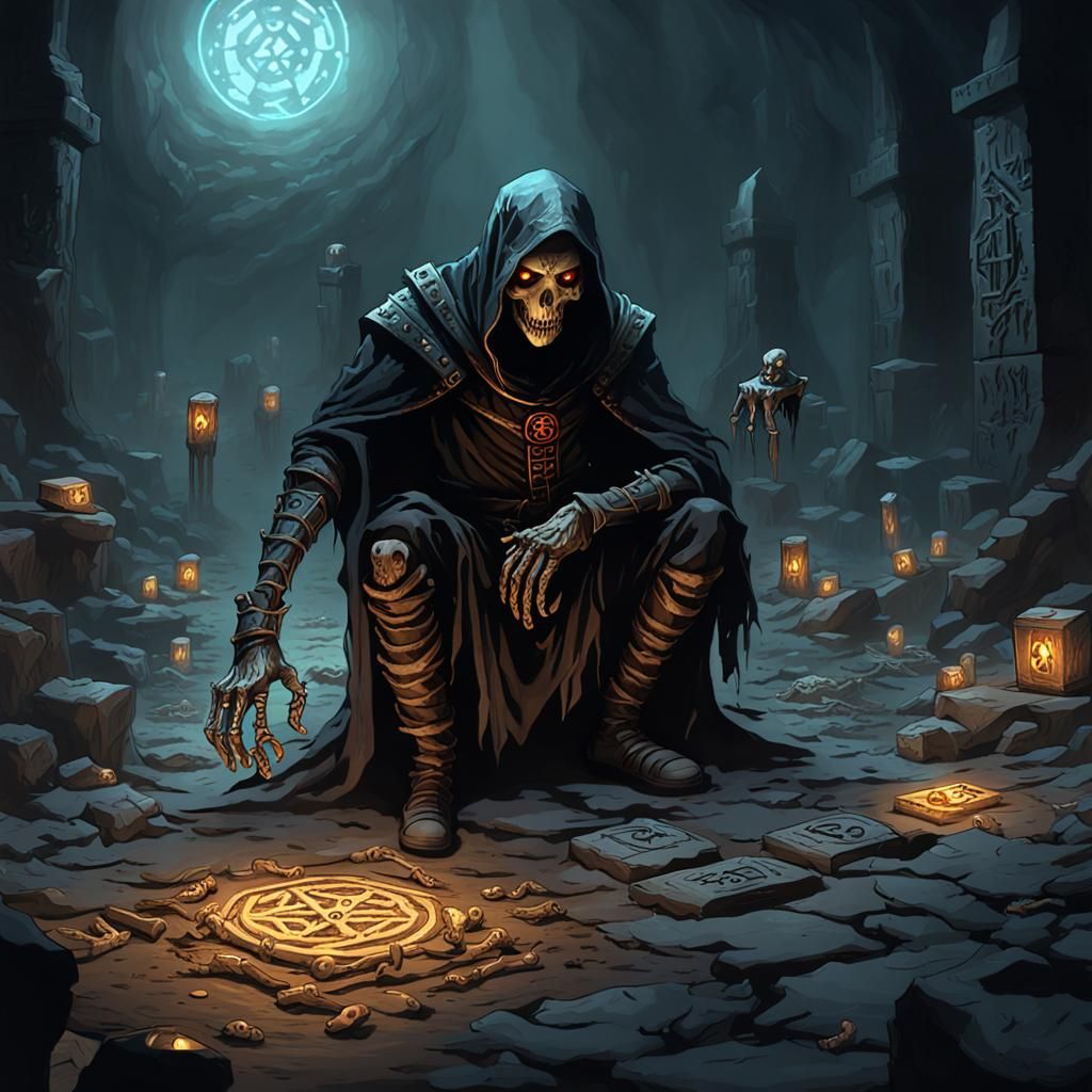 Sinister Necromancer Casting Spell in Dark Dungeon